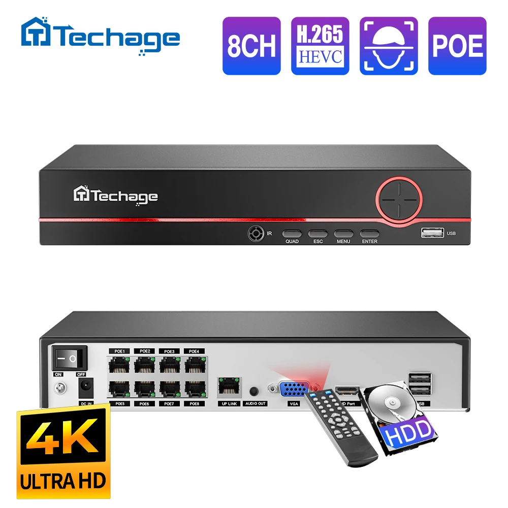 Webcam 4K - Techage H.265 8CH PoE شبكة مسجل